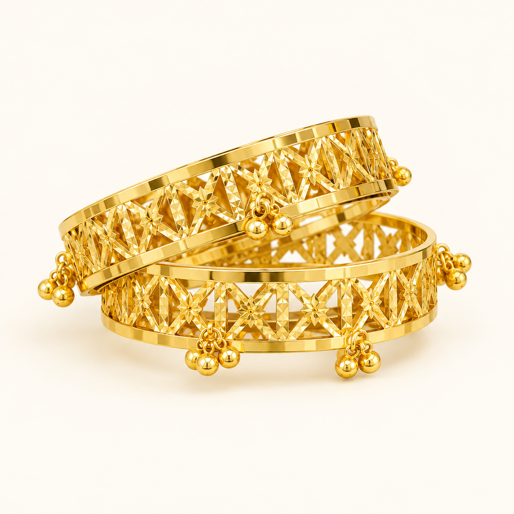 Pair of 22K gold bell bangles with intricate openwork, front product view